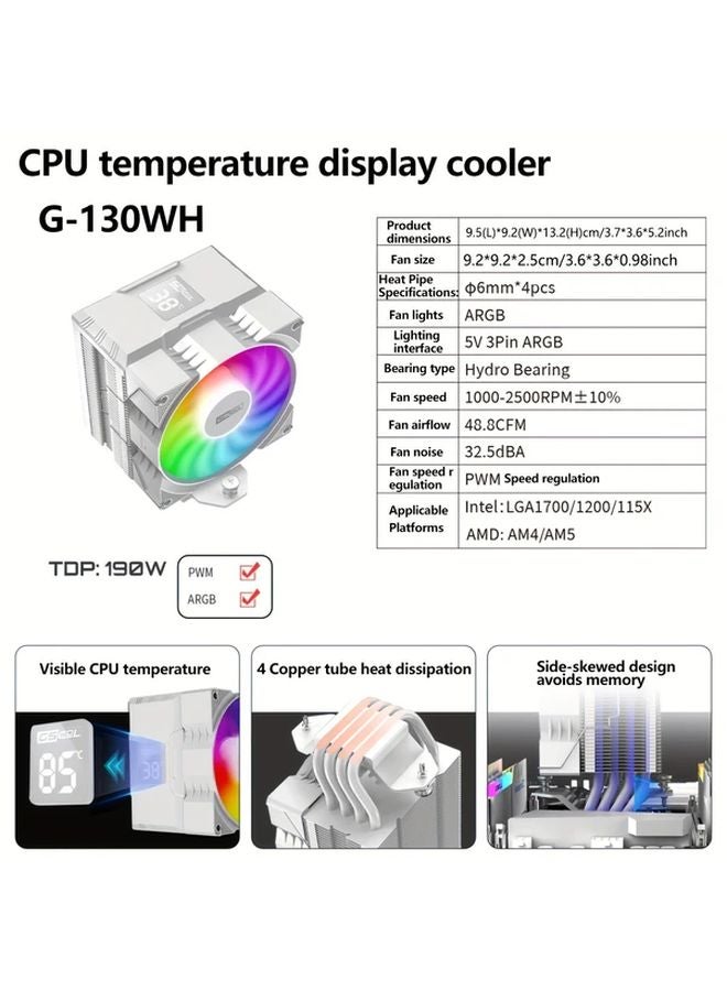 G130WH Black ARGB CPU Cooler 4 Copper Tubes Real Time Temperature Display High Performance Heat Dissipation - Image 3